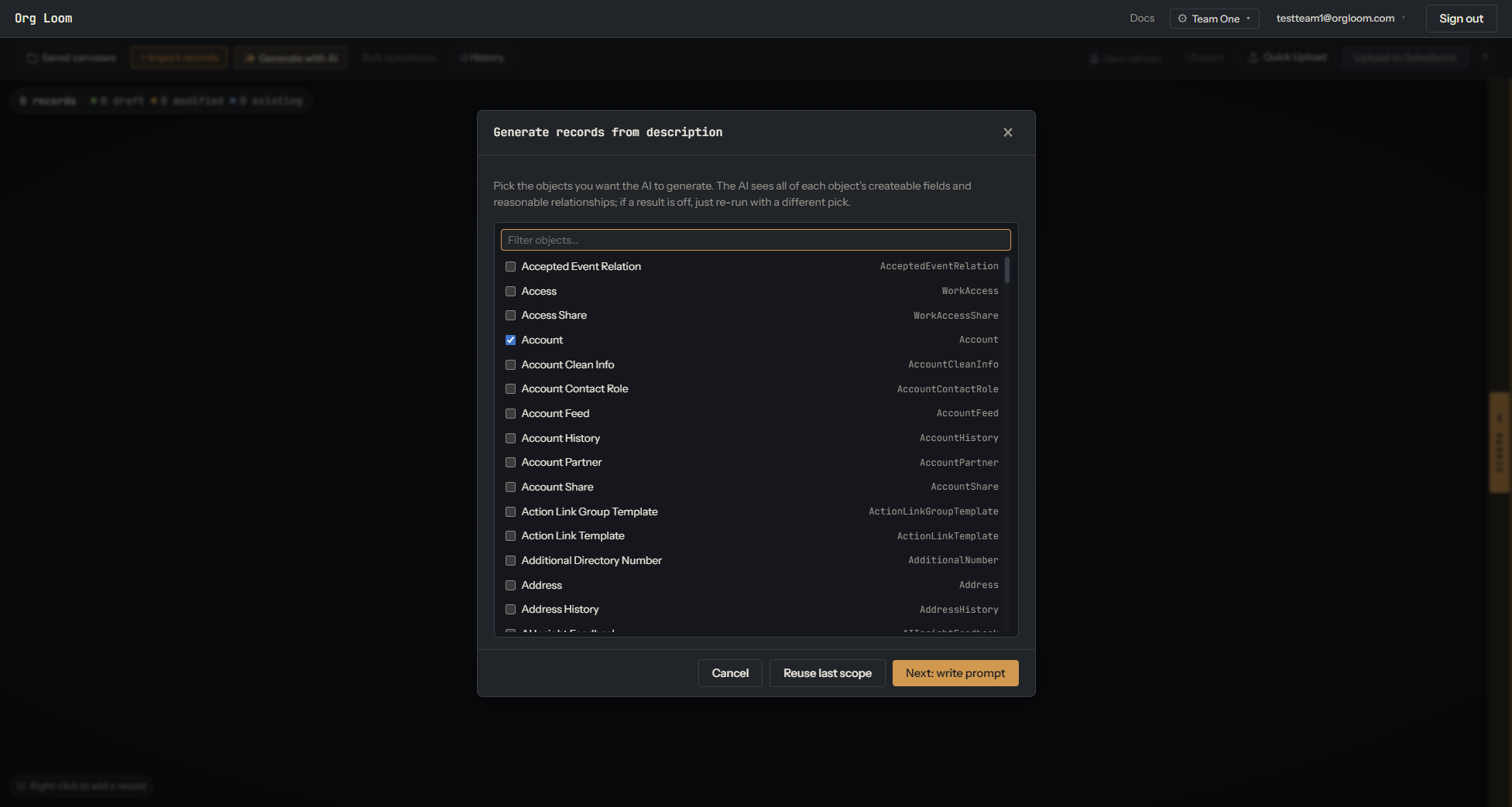Generate with AI object scope with Account and Contact selected