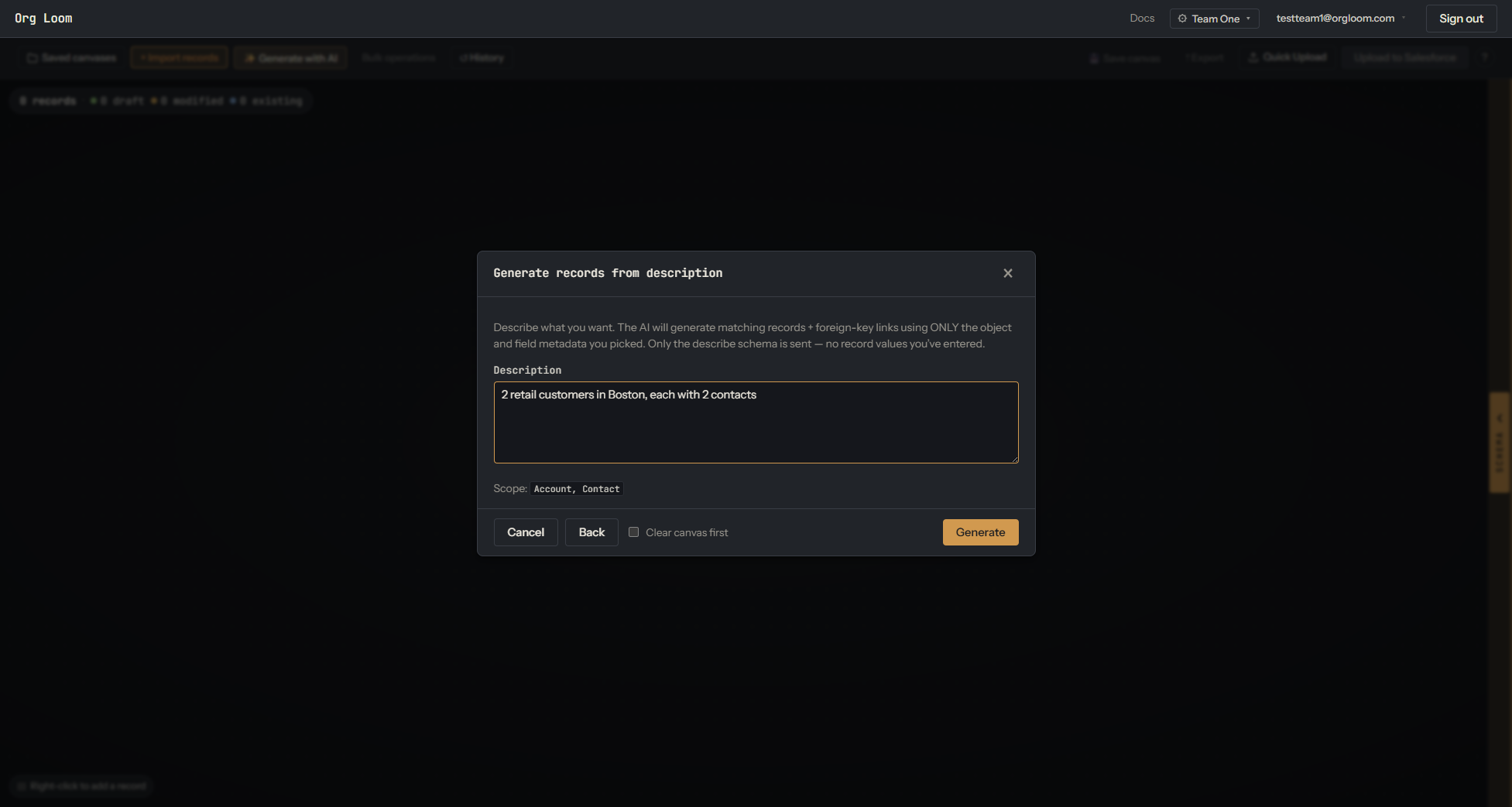 AI generation description with Account and Contact shown in scope