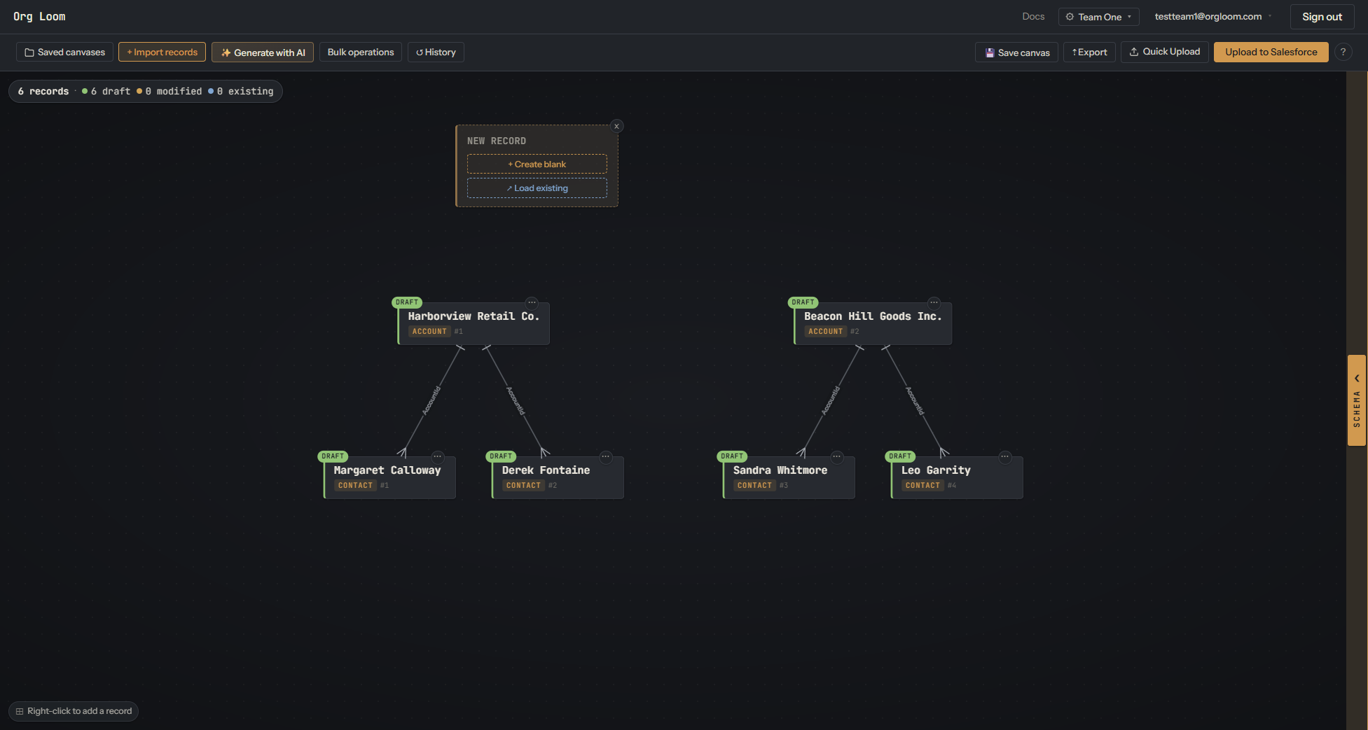 AI-generated Account and Contact draft cards on the canvas with relationships between them