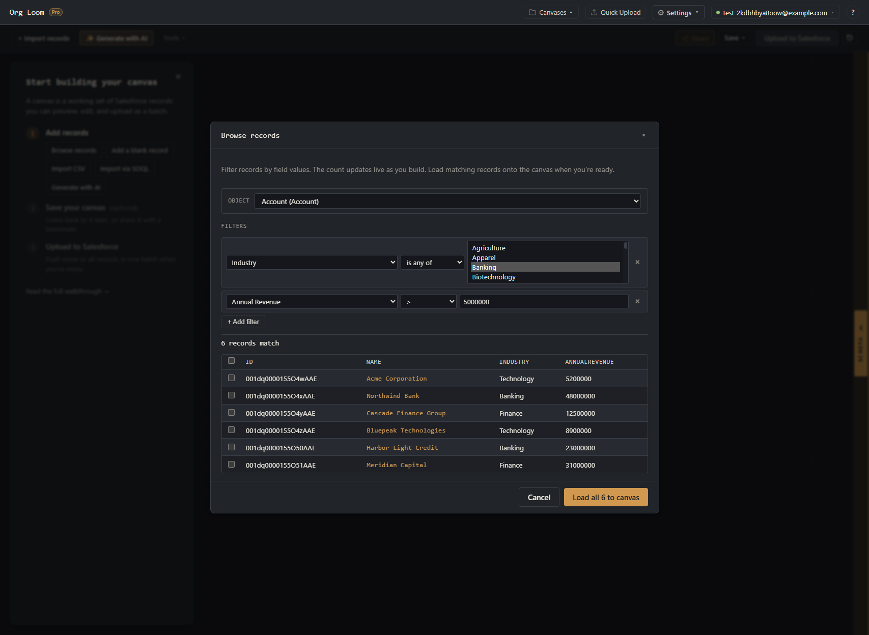 Browse records with an Industry picklist filter and an Annual Revenue number filter