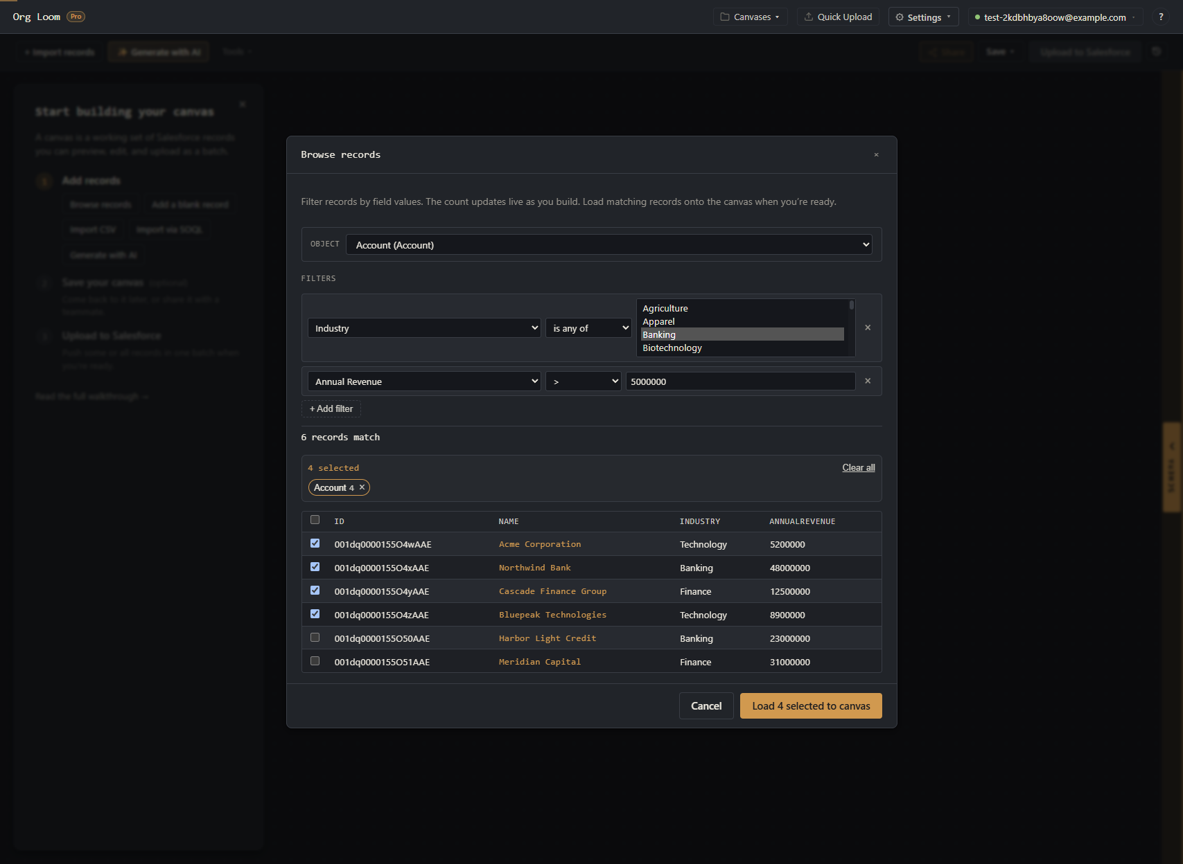 Browse records with four rows selected, a selection summary, and Load 4 selected to canvas