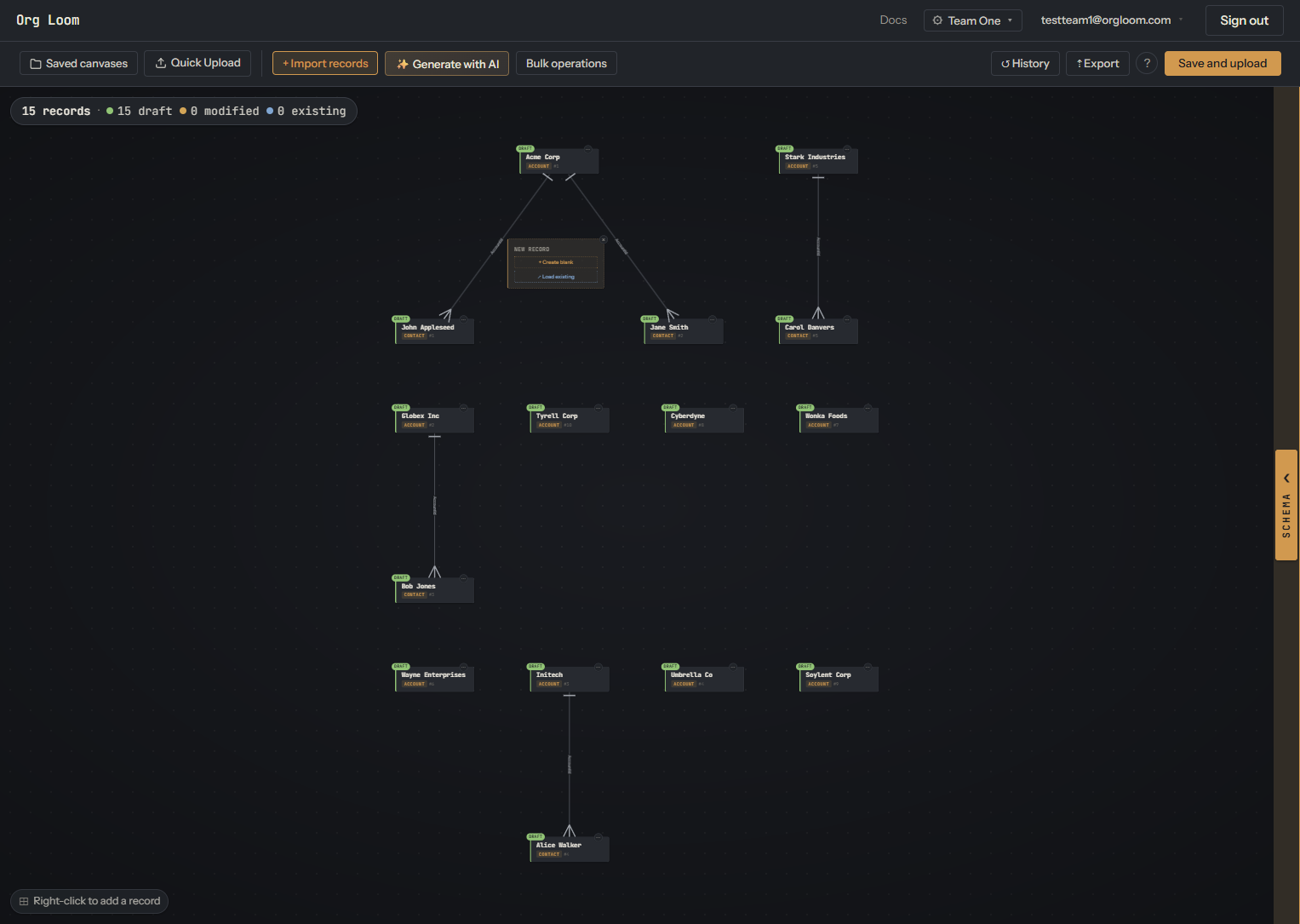 Account and Contact draft cards on the canvas with their imported relationships connected