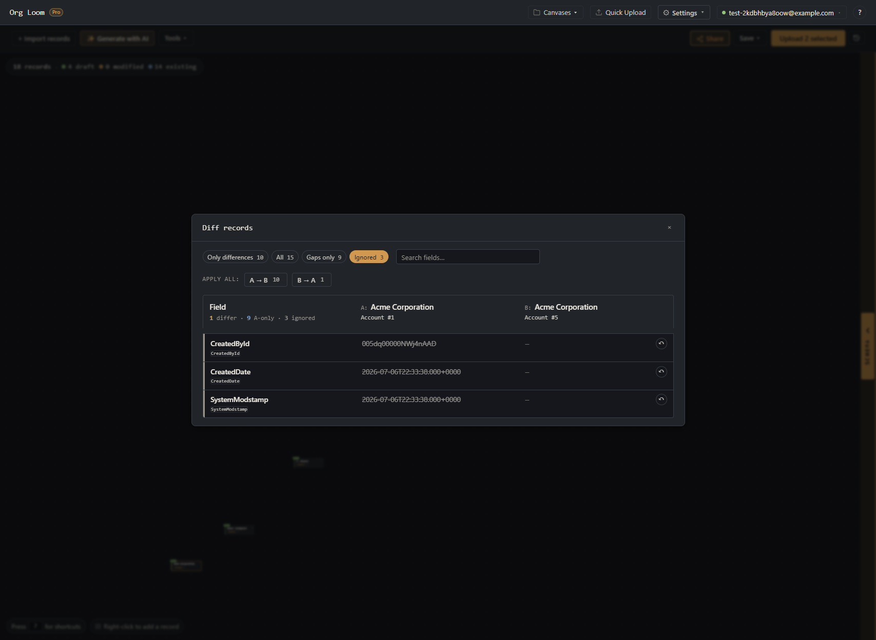 The Ignored filter showing intentionally ignored field differences with restore actions
