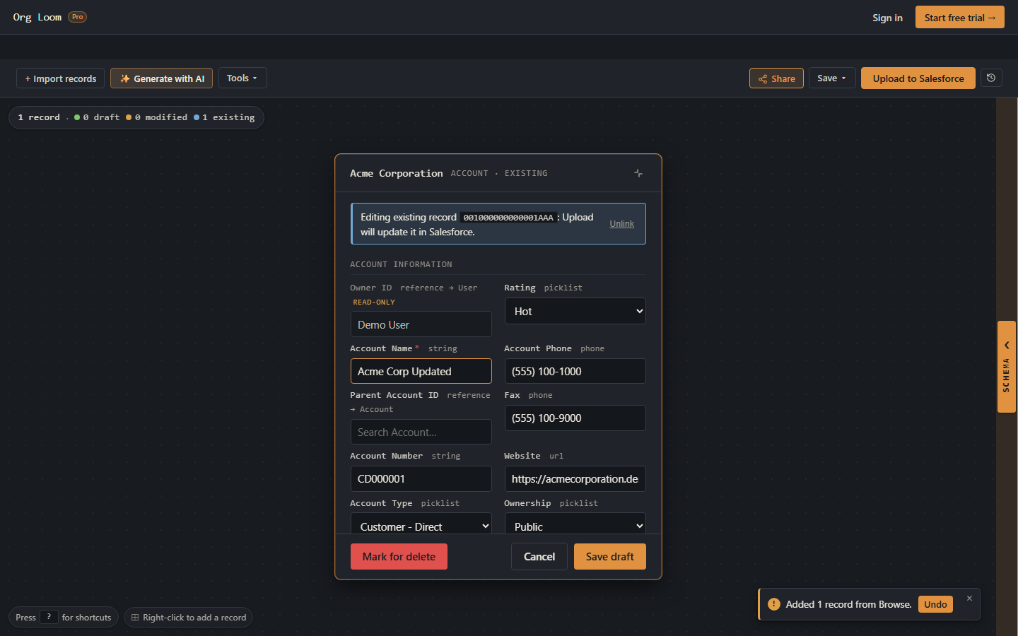 An open Account record editor with current Salesforce values available to edit