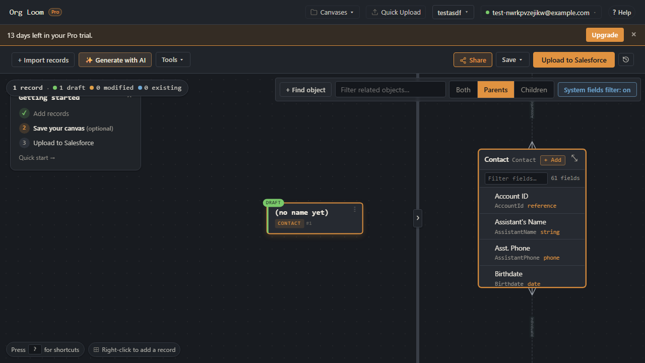 An expanded Salesforce object in Schema with a searchable list of field labels, API names, and types