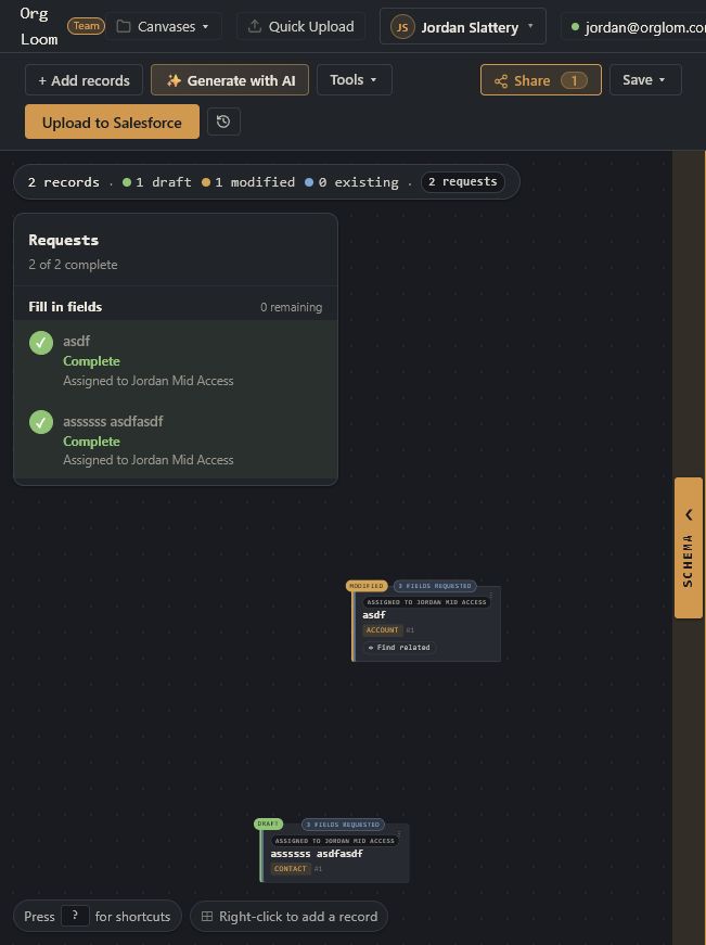 Canvas owner view with the Requests panel showing two completed field requests