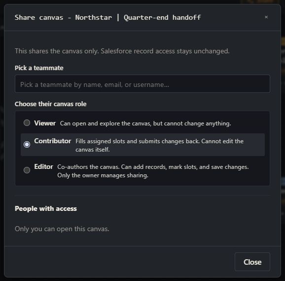 Choose a teammate and a canvas role in the Share modal.