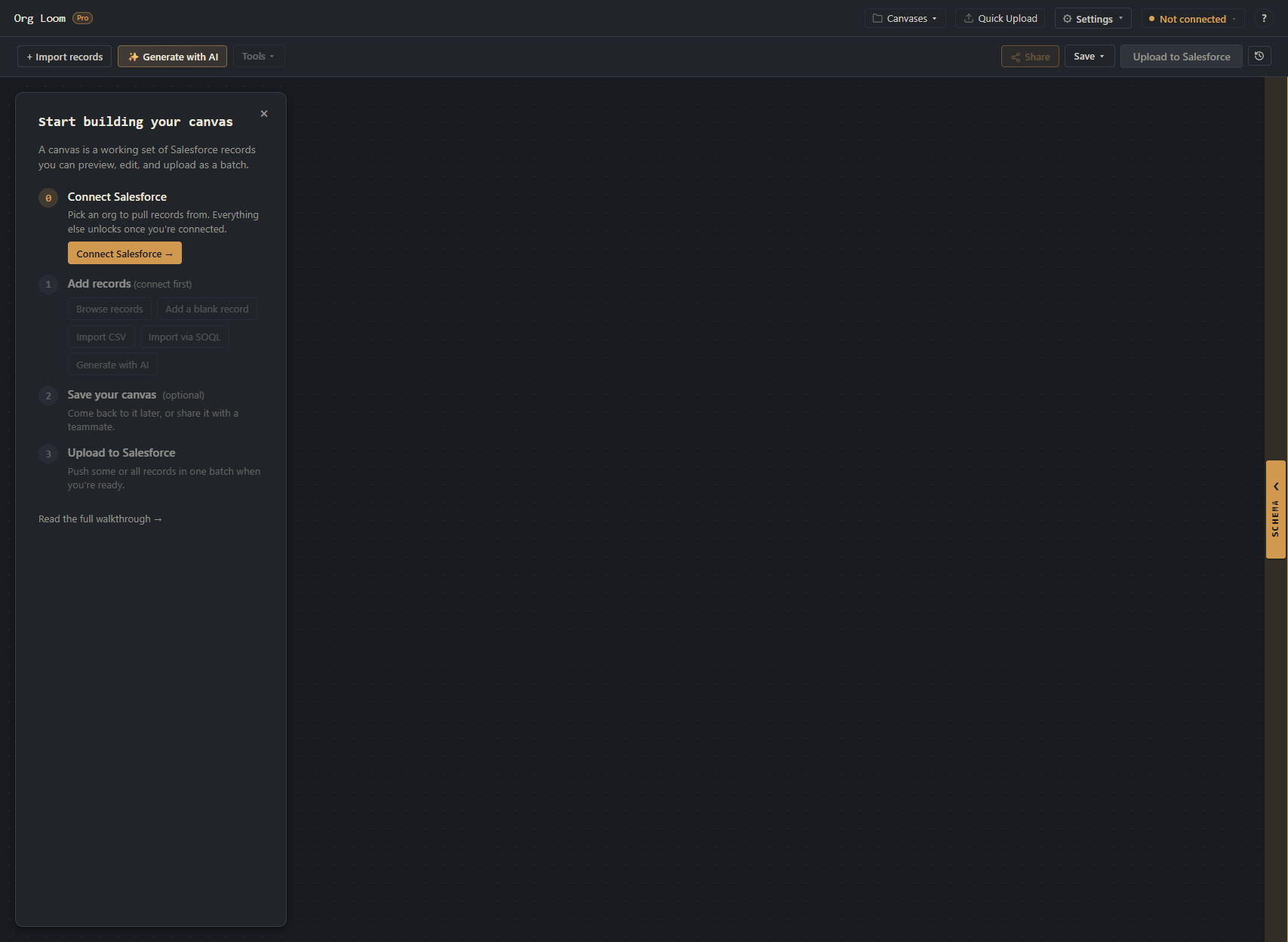 The canvas guide prompting the user to connect Salesforce before adding records