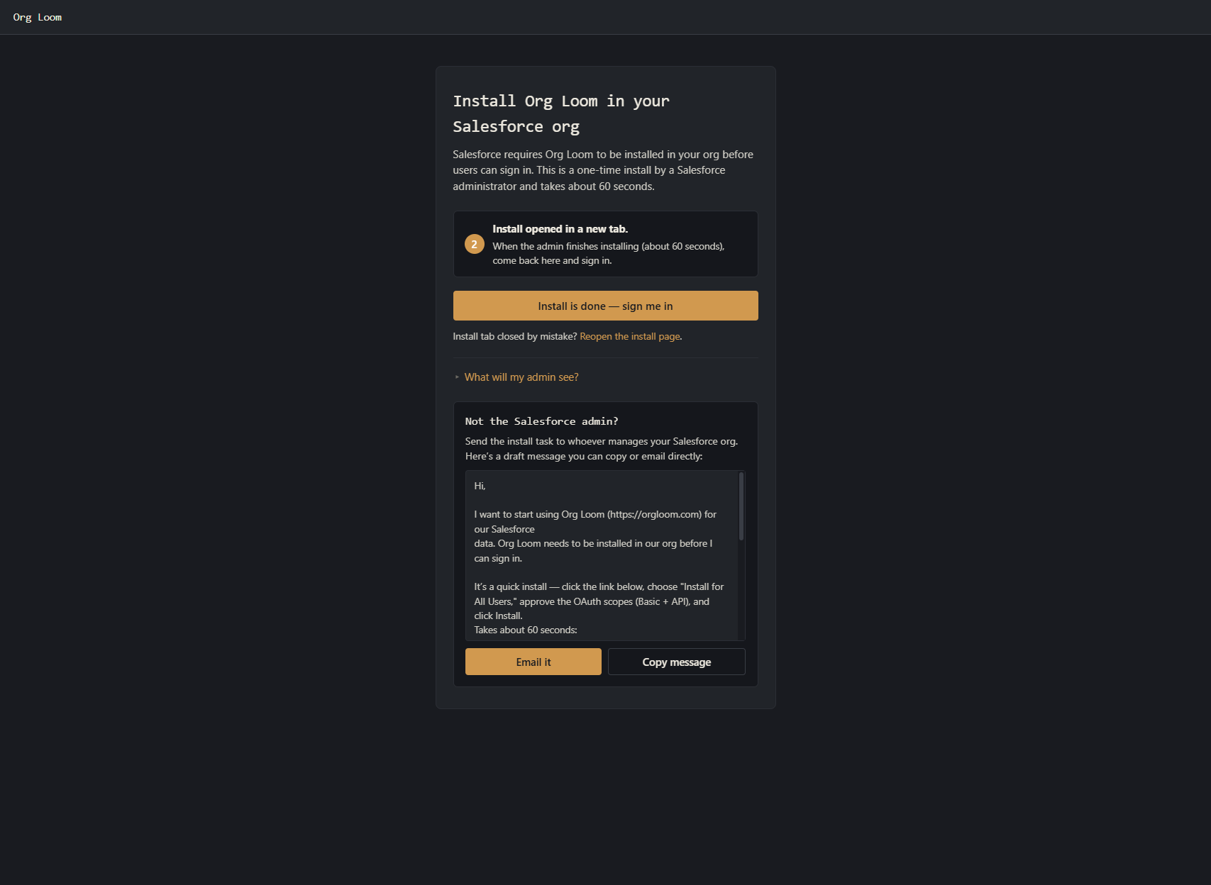 The package waiting page with OAuth policy steps and Setup is complete, sign me in