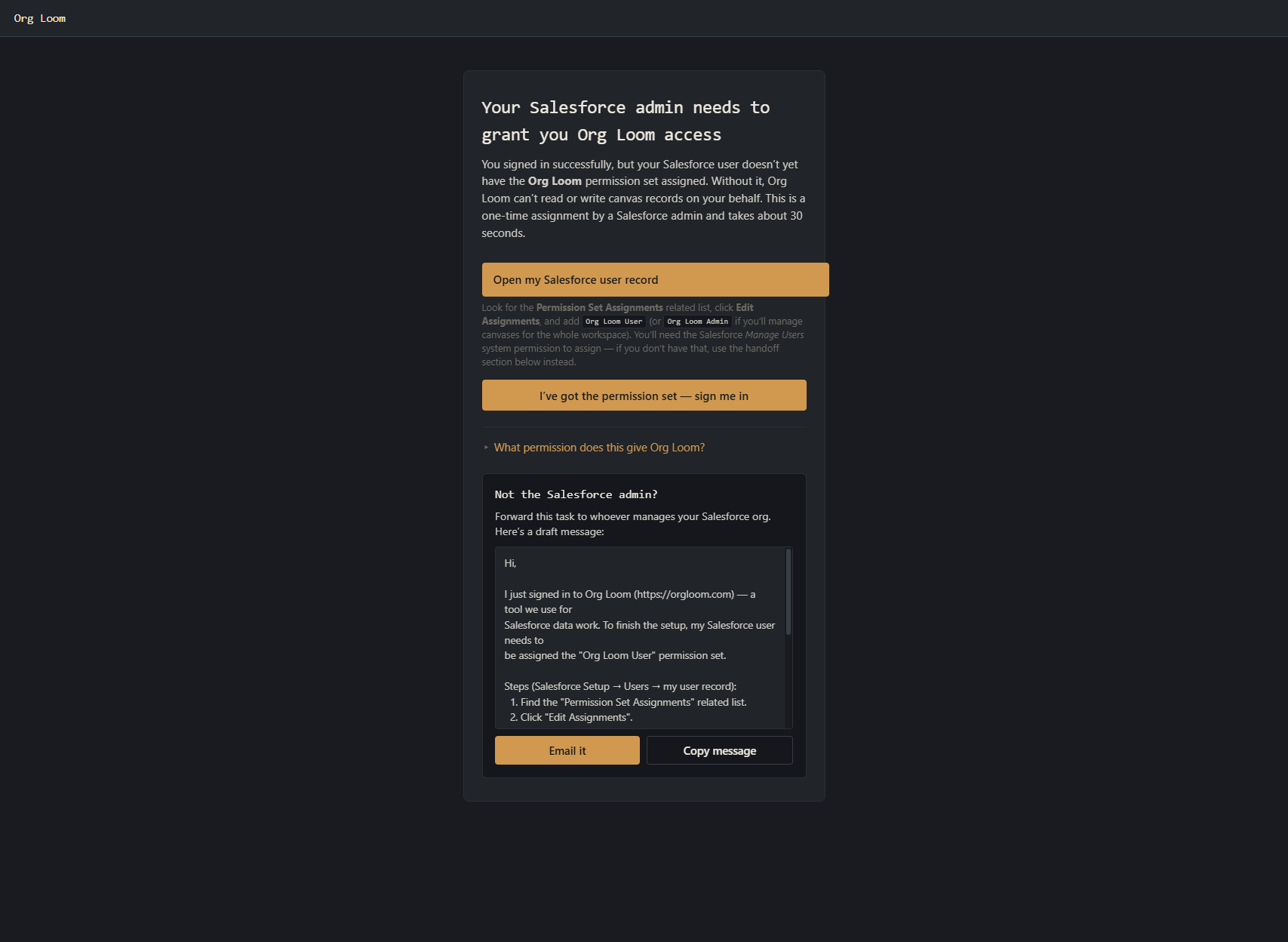 The permission-set page with assignment steps, a Salesforce user record link, and a collapsed administrator handoff