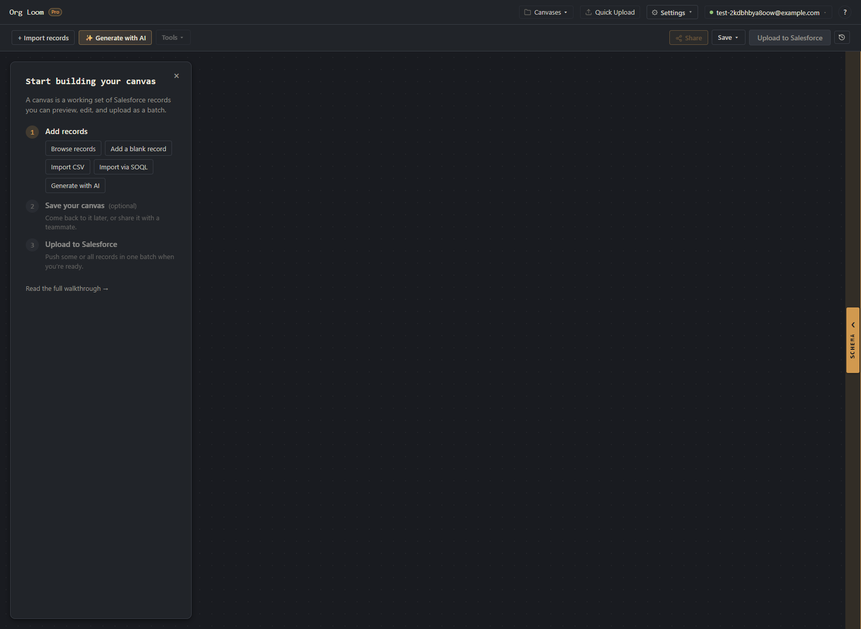 The canvas after Salesforce connects, with the connected username and Add records actions enabled