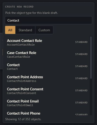 Create new record picker filtered to Contact, with Contact in the results
