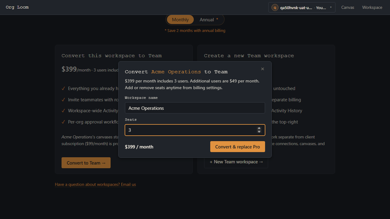 Convert to Team confirmation showing the workspace, seat count, monthly price, and Convert and replace Pro button