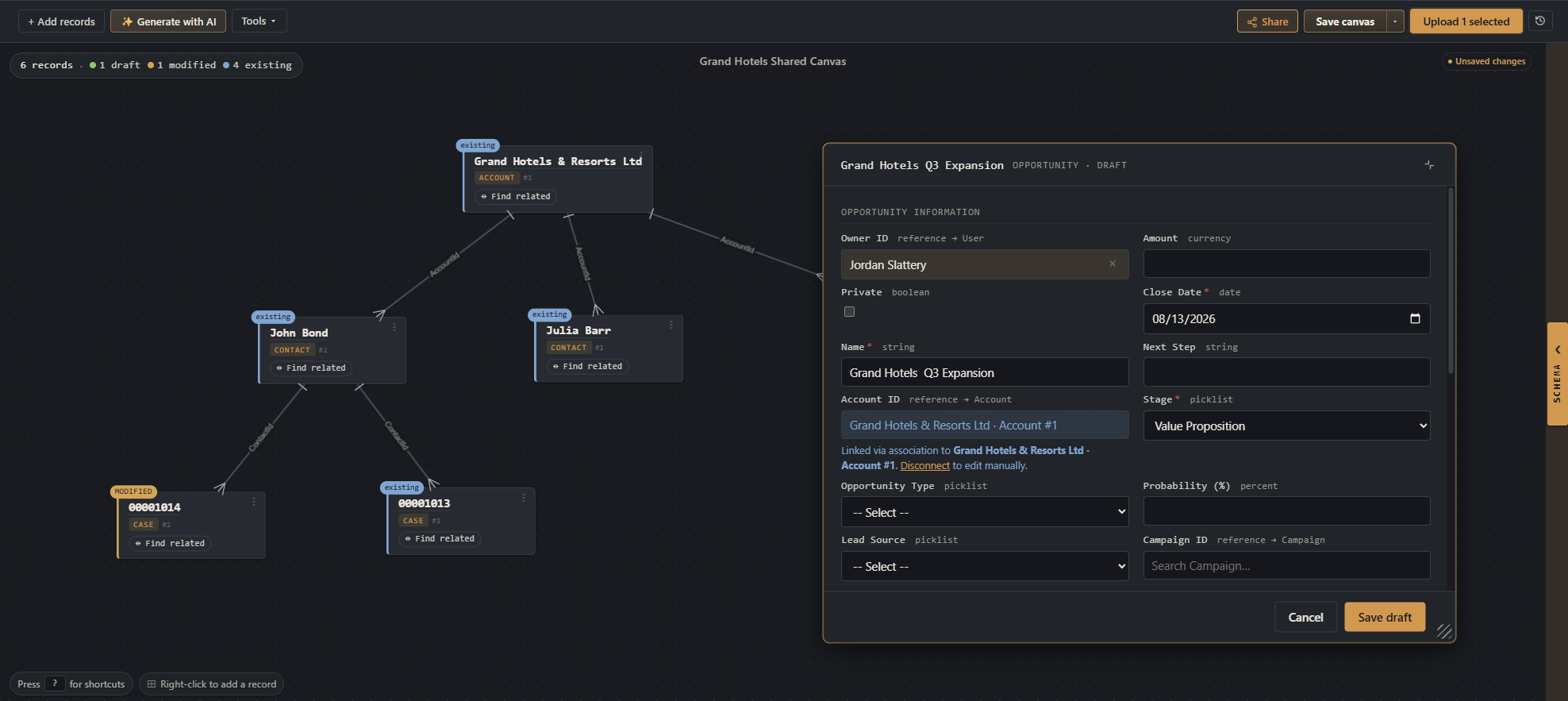 Org Loom canvas showing related Salesforce records alongside an open record editor